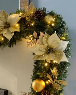 Pre-Lit Extra Thick Garland, Static, Cream/Gold, 9 Ft