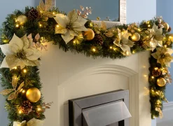 Pre-Lit Extra Thick Garland, Static, Cream/Gold, 9 Ft