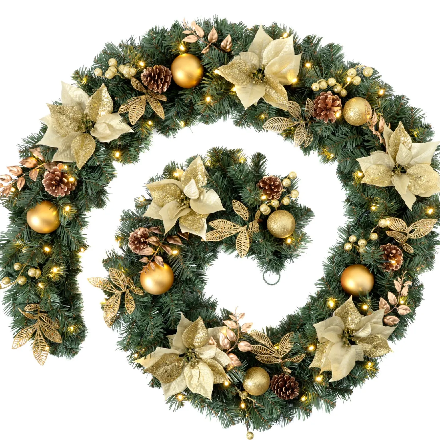 Pre-Lit Extra Thick Garland, Static, Cream/Gold, 9 Ft