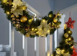 Pre-Lit Extra Thick Garland, Static, Cream/Gold, 9 Ft