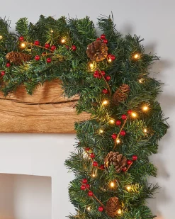 Pre-Lit Extra Thick Mixed Pine Garland, Pinecones & Berries, 9 Ft