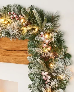 Pre-Lit Extra Thick Mixed Pine Snow Flocked Garland, Pinecones & Berries, Static, 9 Ft