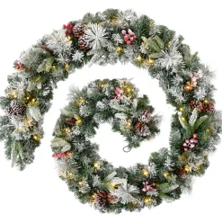 Pre-Lit Extra Thick Mixed Pine Snow Flocked Garland, Pinecones & Berries, 9 Ft
