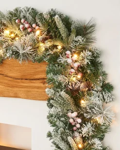 Pre-Lit Extra Thick Mixed Pine Snow Flocked Garland, Pinecones & Berries, 9 Ft