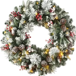 Pre-Lit Extra Thick Mixed Pine Snow Flocked Wreath, Pinecones & Berries, 76 Cm