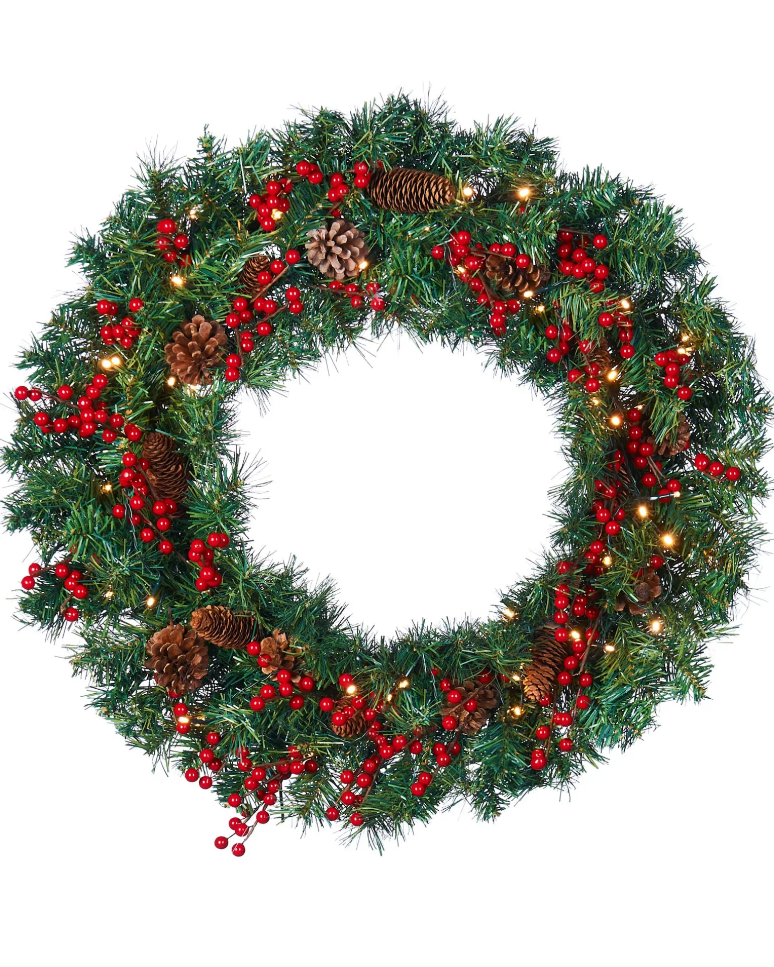 Pre-Lit Extra Thick Wreath, Pinecones & Berries, 76 Cm