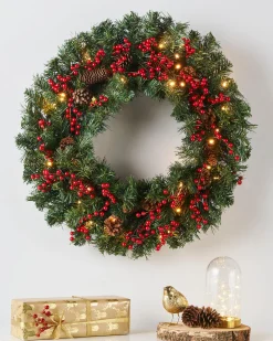 Pre-Lit Extra Thick Wreath, Pinecones & Berries, 76 Cm