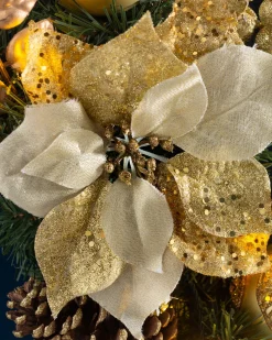 Pre-Lit Extra Thick Wreath, Cream/Gold, 76 Cm
