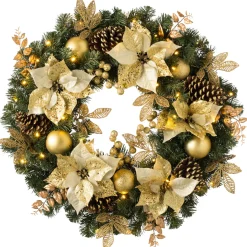 Pre-Lit Extra Thick Wreath, Cream/Gold, 76 Cm