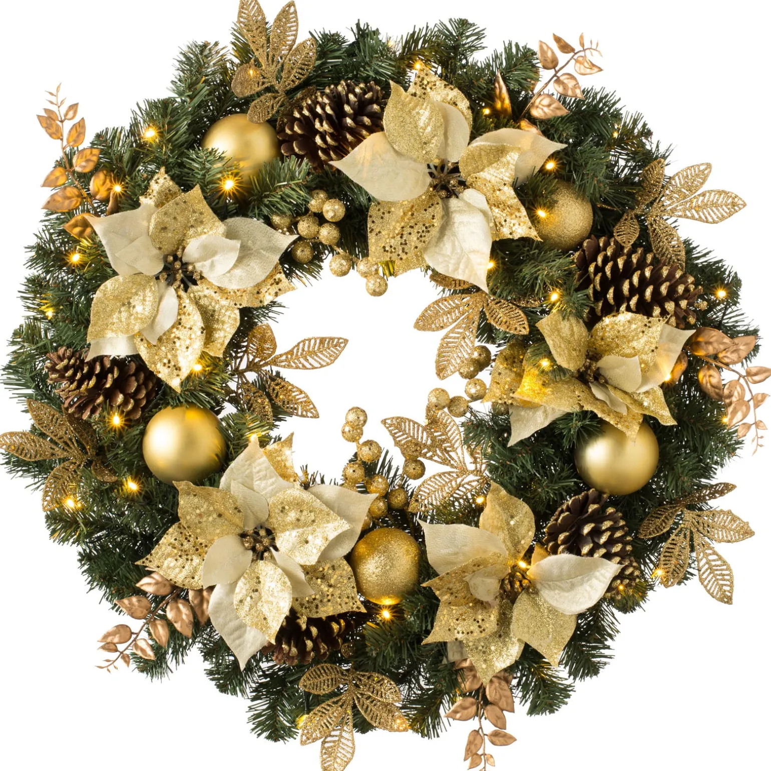 Pre-Lit Extra Thick Wreath, Cream/Gold, 76 Cm