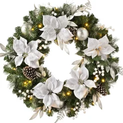 Pre-Lit Extra Thick Wreath, Silver/White, 76 Cm