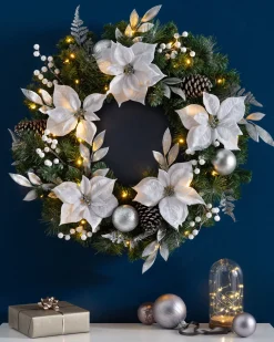 Pre-Lit Extra Thick Wreath, Silver/White, 76 Cm