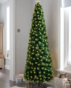 Pre-Lit Fibre Optic Pencil Christmas Tree With Warm White LED Stars, 5 Ft