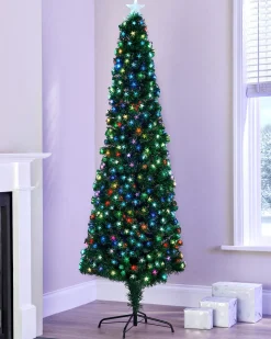 Pre-Lit Fibre Optic Pencil Christmas Tree With Multi-Coloured LED Stars, 5 Ft