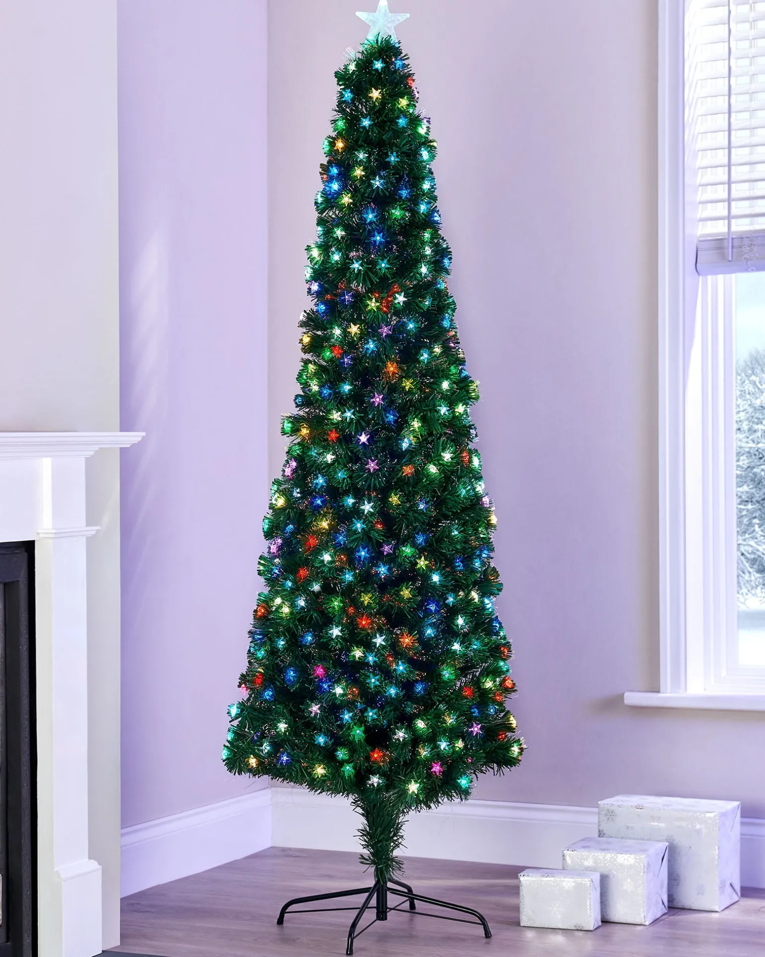 Pre-Lit Fibre Optic Pencil Christmas Tree With Multi-Coloured LED Stars, 6 Ft