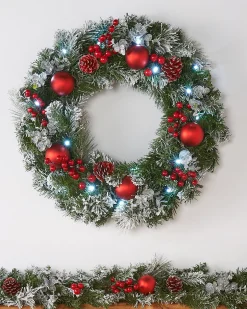 Pre-Lit Frosted Decorated Wreath, 60 Cm
