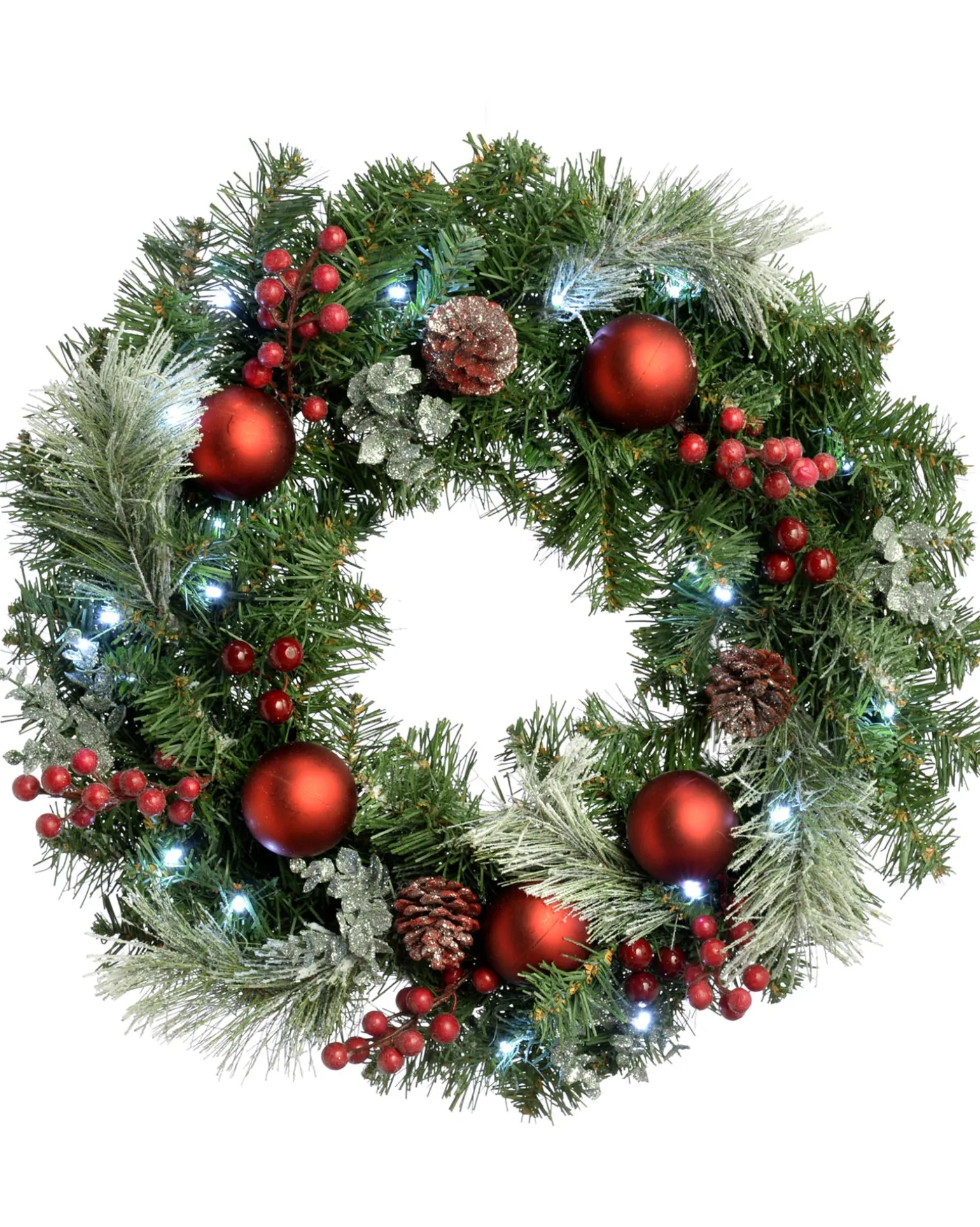 Pre-Lit Frosted Decorated Wreath, 60 Cm