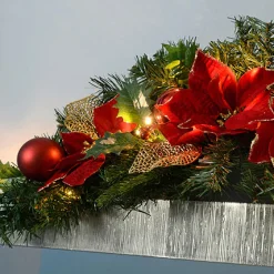 Pre-Lit Frosted Decorated Arch Garland With 20 Warm White LEDs, Red/Gold, 3 Ft