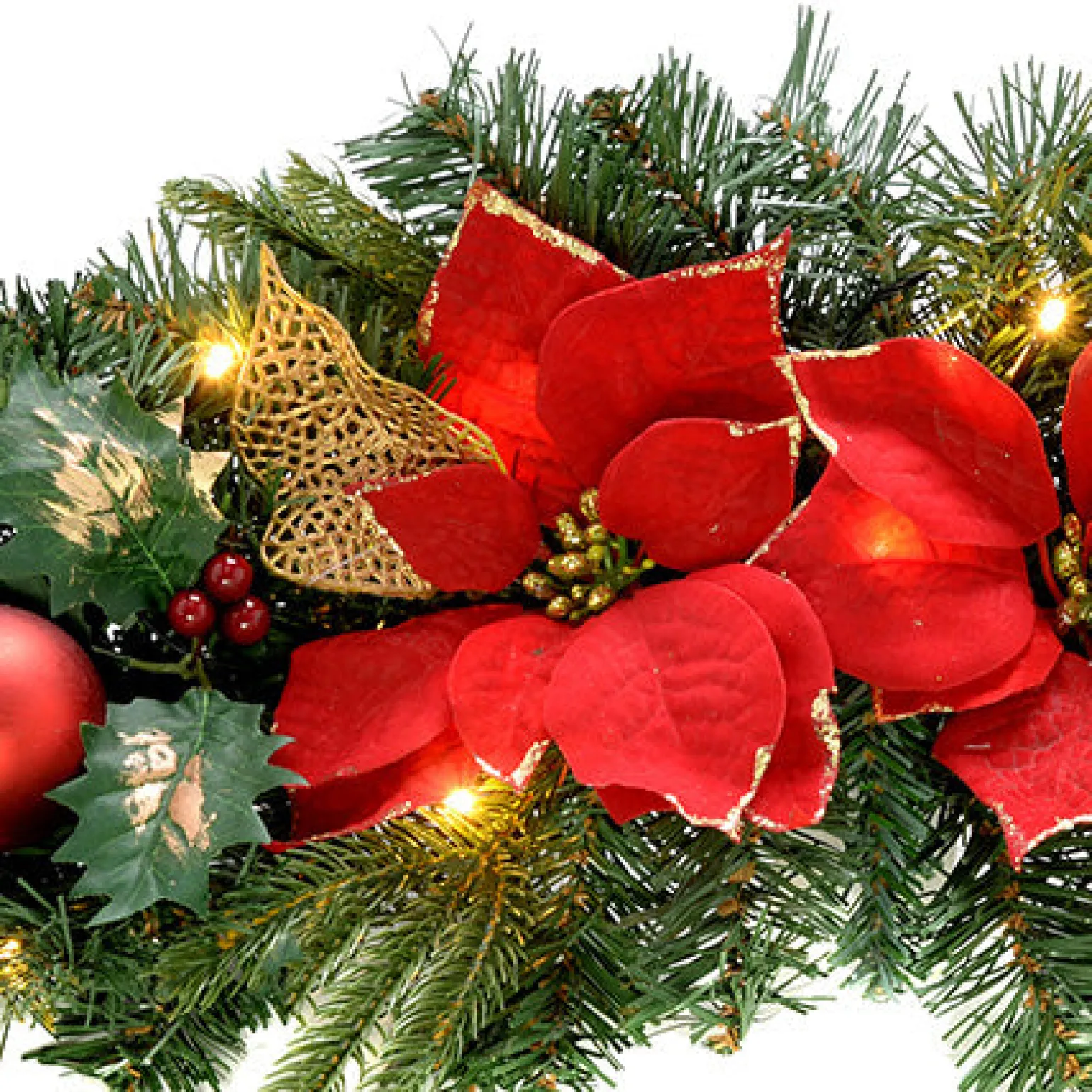 Pre-Lit Frosted Decorated Arch Garland With 20 Warm White LEDs, Red/Gold, 3 Ft