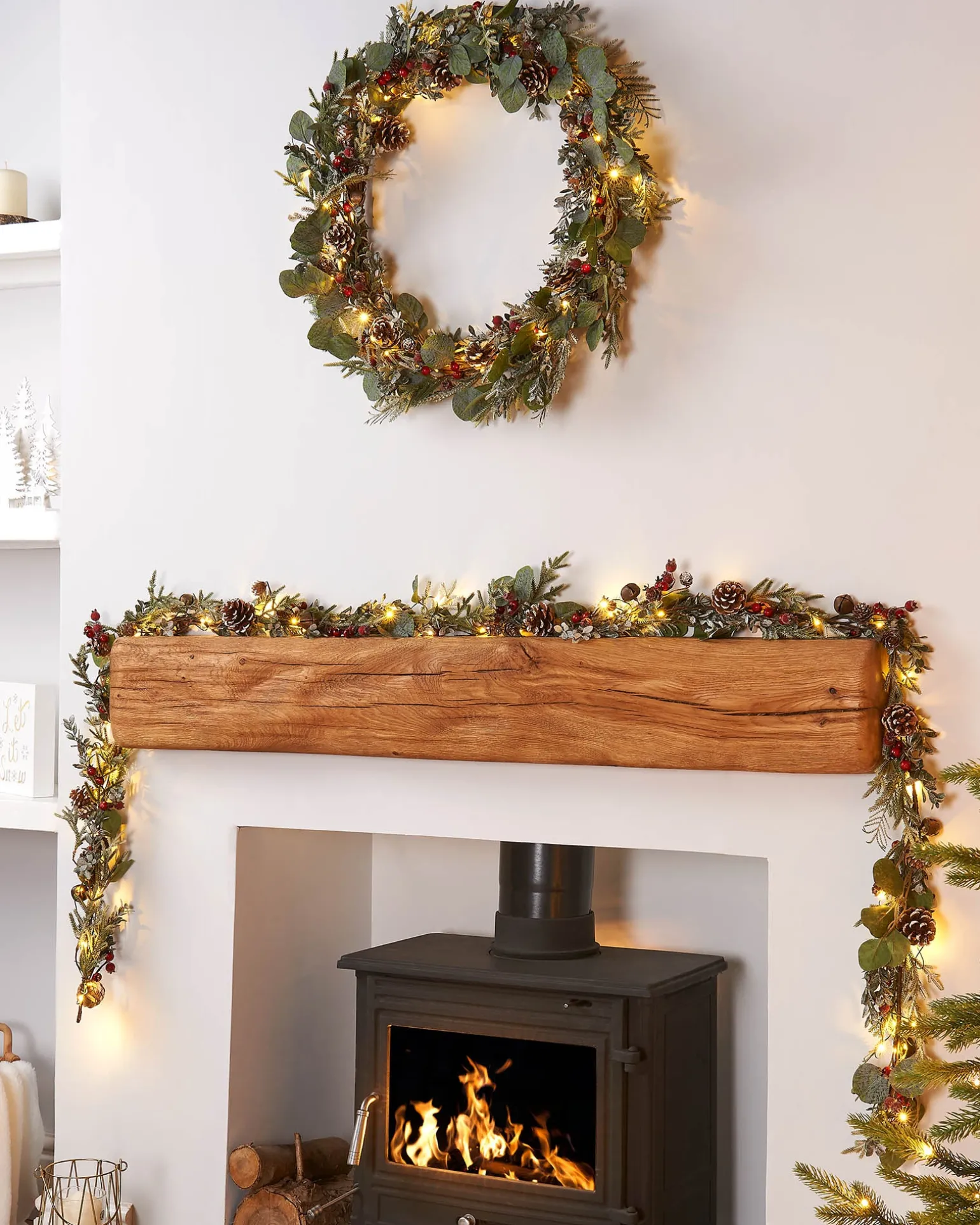 Pre-Lit Frosted Eucalyptus Wreath, Pinecones & Berries, 76 Cm