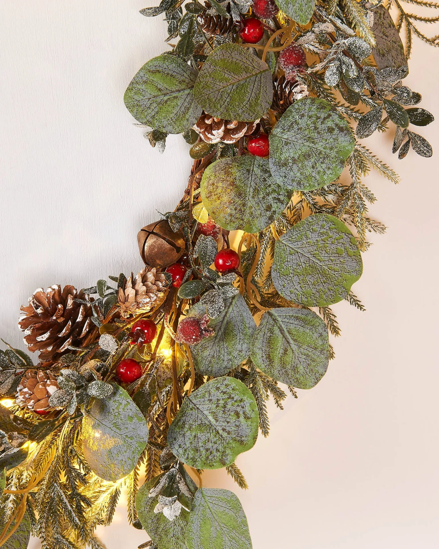 Pre-Lit Frosted Eucalyptus Wreath, Pinecones & Berries, 76 Cm