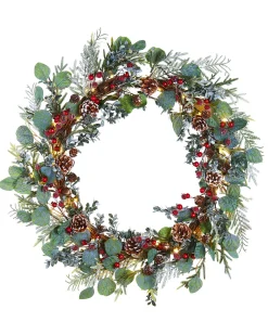 Pre-Lit Frosted Eucalyptus Wreath, Pinecones & Berries, 76 Cm