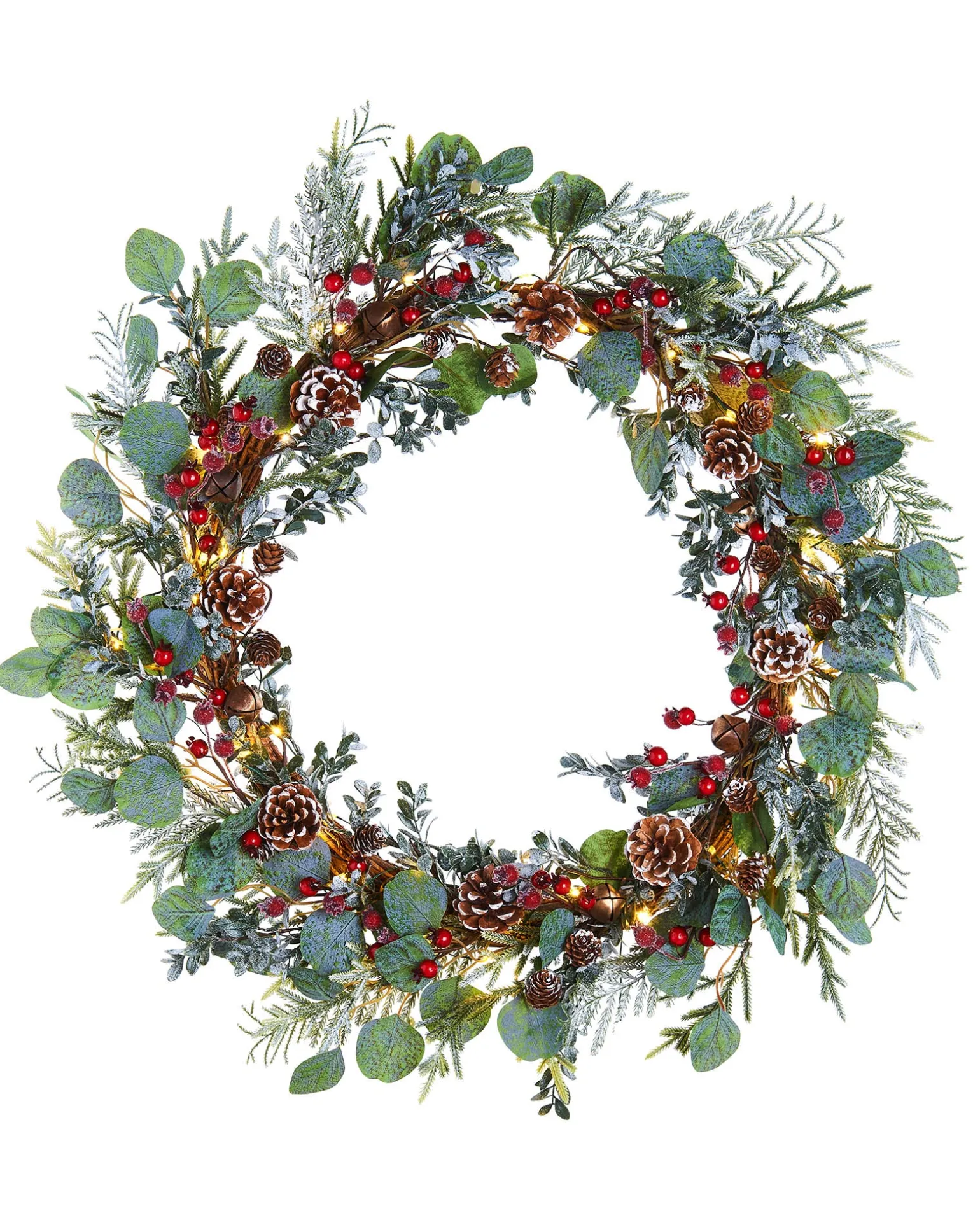 Pre-Lit Frosted Eucalyptus Wreath, Pinecones & Berries, 76 Cm