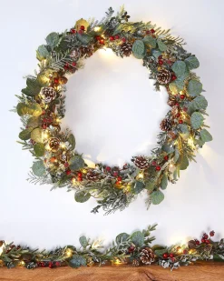 Pre-Lit Frosted Eucalyptus Wreath, Pinecones & Berries, 76 Cm
