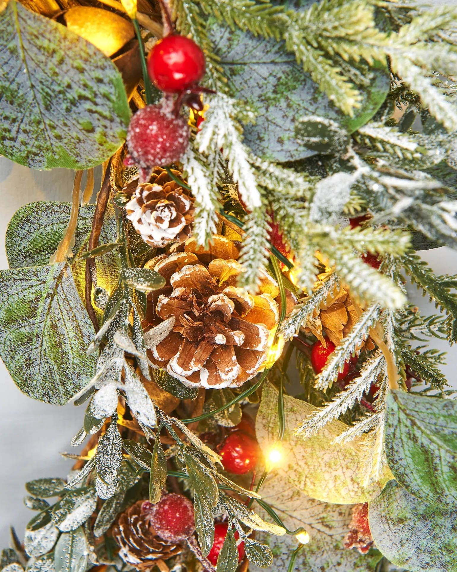Pre-Lit Frosted Eucalyptus Wreath, Pinecones & Berries, 76 Cm
