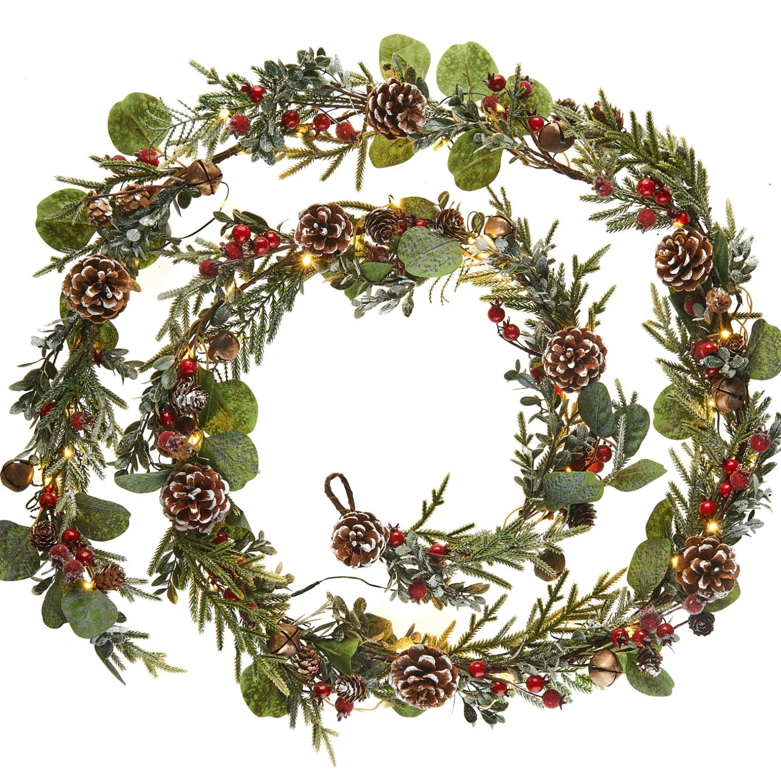 Pre-Lit Frosted Eucalyptus Garland, Pinecones & Berries, 9 Ft