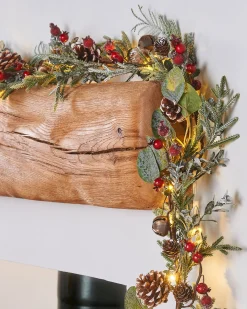 Pre-Lit Frosted Eucalyptus Garland, Pinecones & Berries, 9 Ft