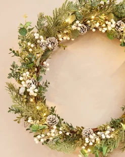 Pre-Lit Frosted Eucalyptus Wreath, 76 Cm