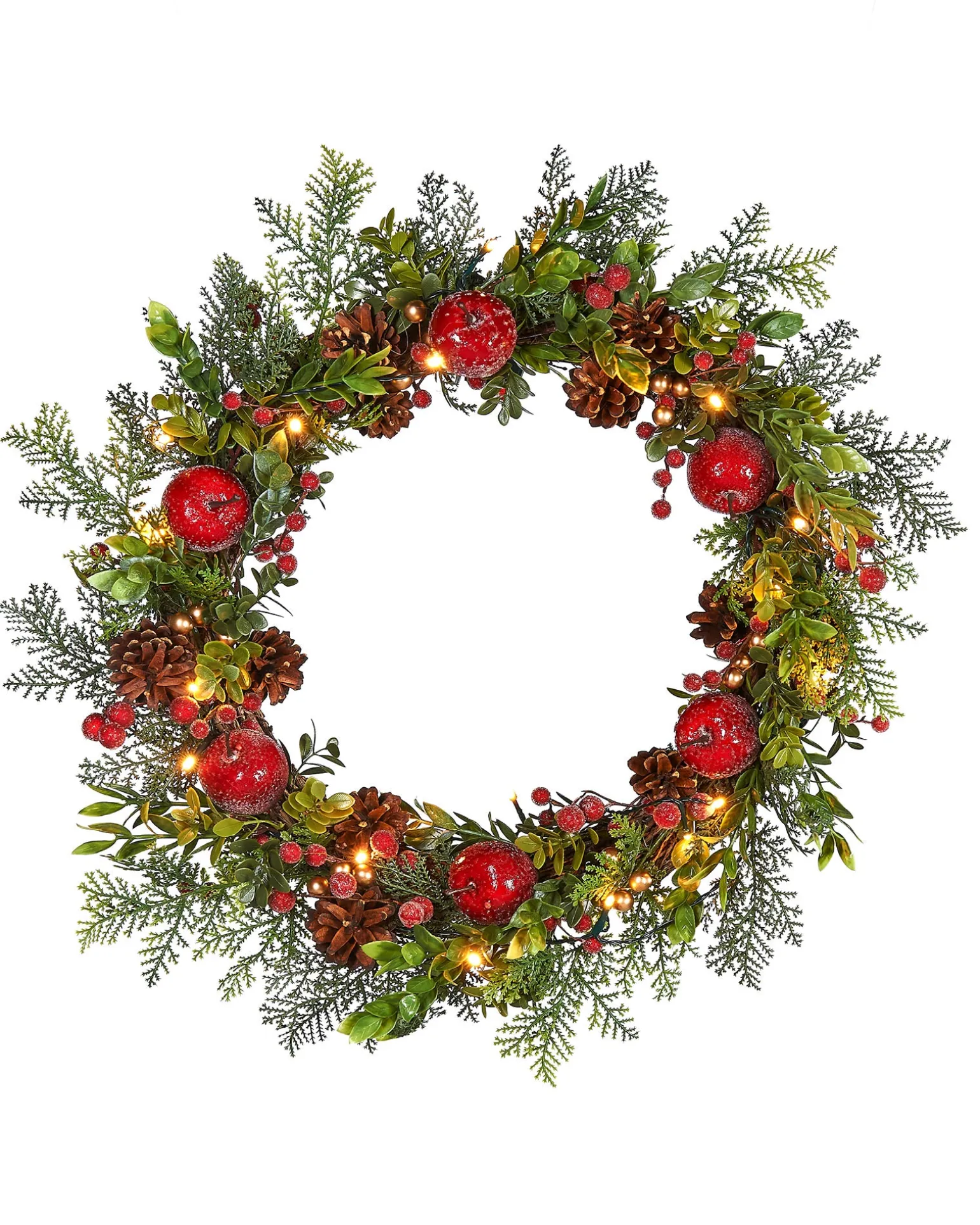 Pre-Lit Frosted Red Berry Mixed Tip Wreath, 60 Cm