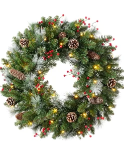 Pre-Lit Frosted Wreath, Pinecones & Berries, 60 Cm