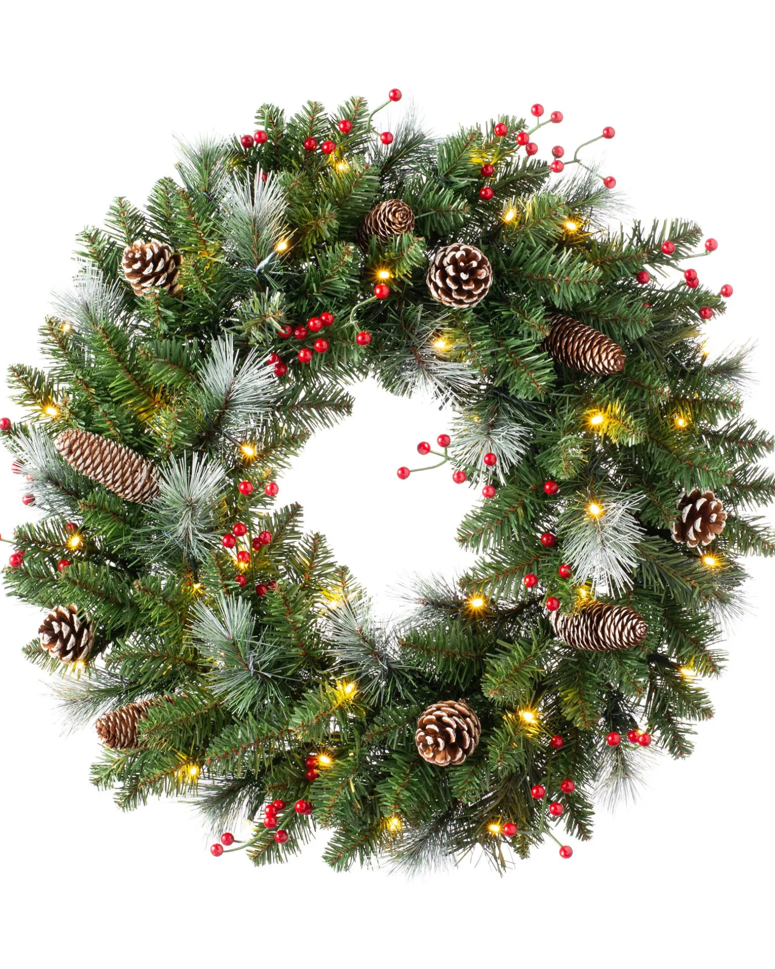 Pre-Lit Frosted Wreath, Pinecones & Berries, 60 Cm