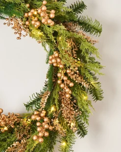 Pre-Lit Gold Berry Mixed Tip Wreath, 76 Cm