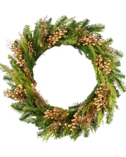Pre-Lit Gold Berry Mixed Tip Wreath, 76 Cm