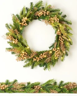 Pre-Lit Gold Berry Mixed Tip Wreath, 76 Cm