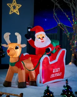 Pre-Lit Inflatable Animated Santa With Sleigh, 6 Ft