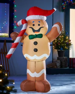 Pre-Lit Inflatable Gingerbread Man With Candy Cane, 5 Ft