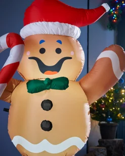 Pre-Lit Inflatable Gingerbread Man With Candy Cane, 5 Ft