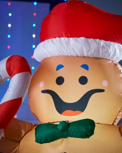 Pre-Lit Inflatable Gingerbread Man With Candy Cane, 5 Ft