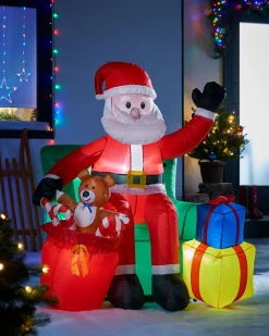Pre-Lit Inflatable Santa With Present Stack, 5 Ft
