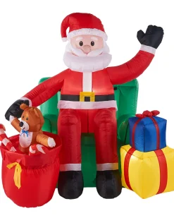 Pre-Lit Inflatable Santa With Present Stack, 5 Ft