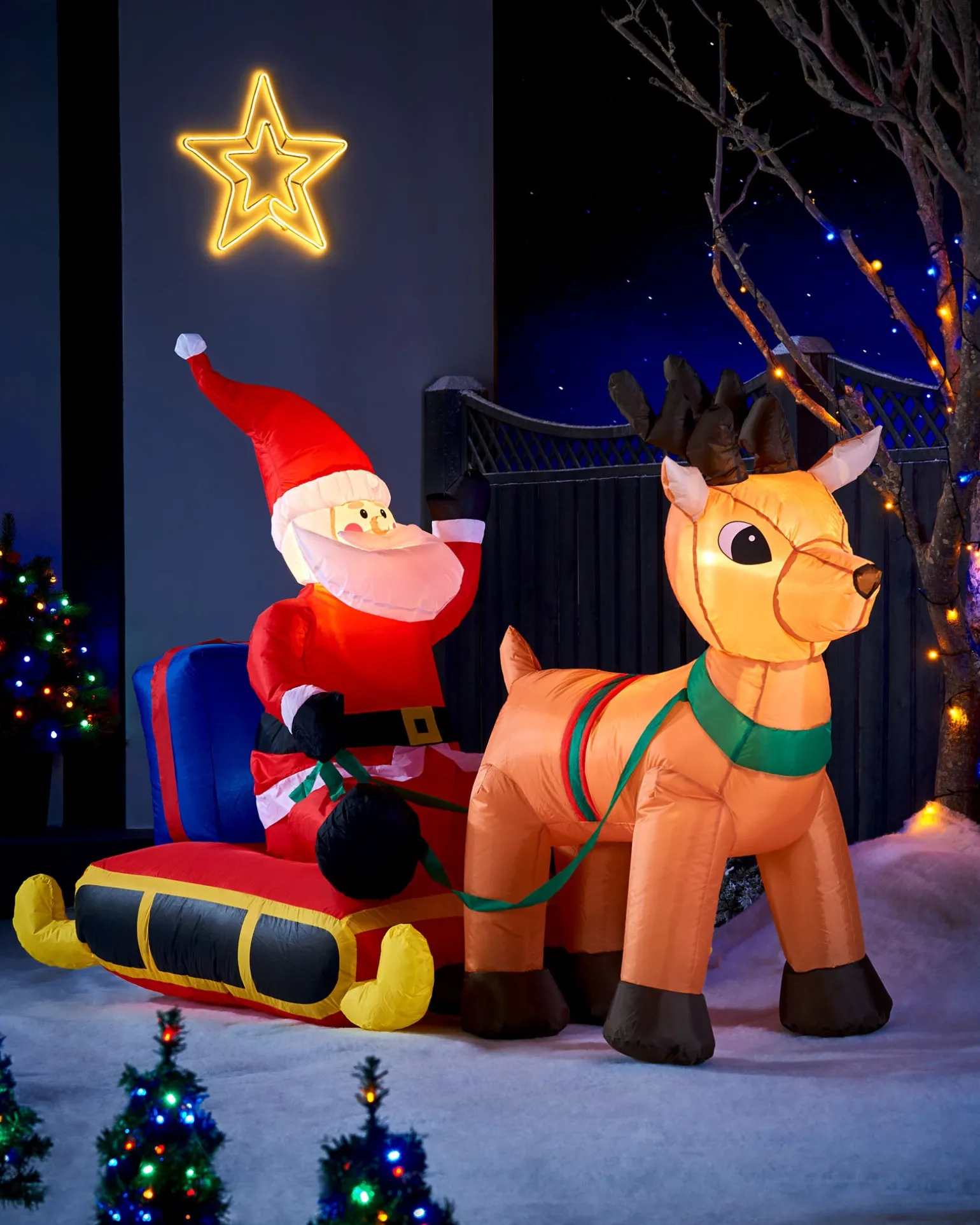 Pre-Lit Inflatable Santa With Reindeer, 7 Ft