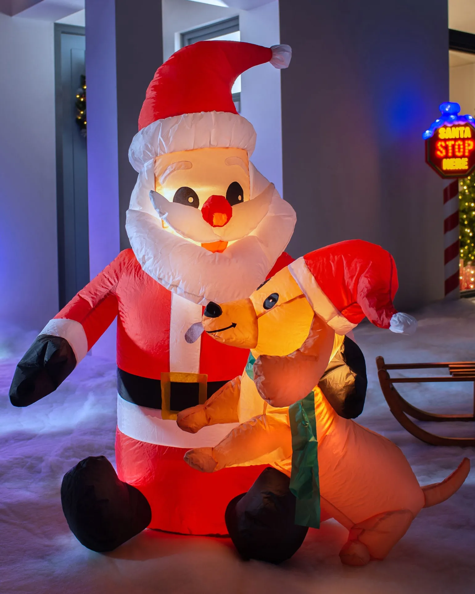Pre-Lit Inflatable Santa With Dog, 4 Ft