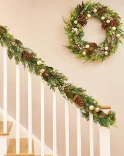Pre-Lit Mixed Tip Garland, Pinecones & Berries, 9 Ft