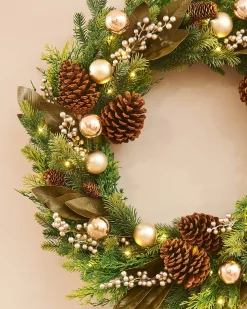 Pre-Lit Mixed Tip Wreath, Pinecones & Berries, 76 Cm