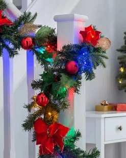Pre-Lit Multi-Coloured Decorated Garland, Red/Gold, 9 Ft