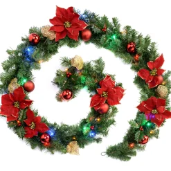 Pre-Lit Multi-Coloured Decorated Garland, Red/Gold, 9 Ft